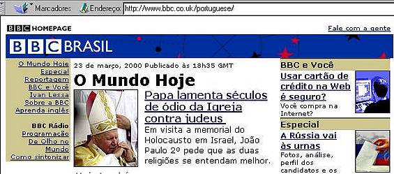 Pgina principal do noticirio brasileiro da BBC na Internet de 23/3/2000