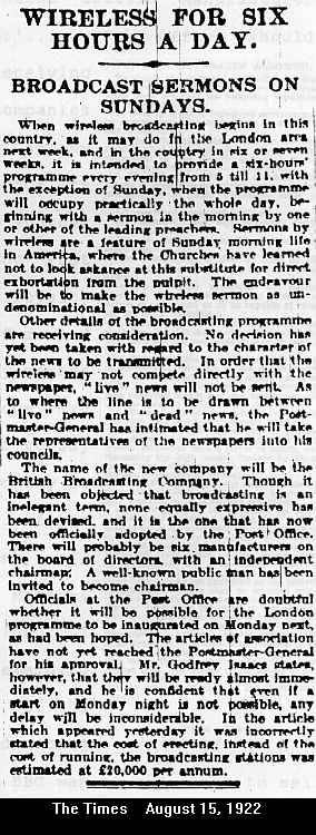 Artigo do jornal 'The Times de 15/8/1922 apresenta os servios da BBC