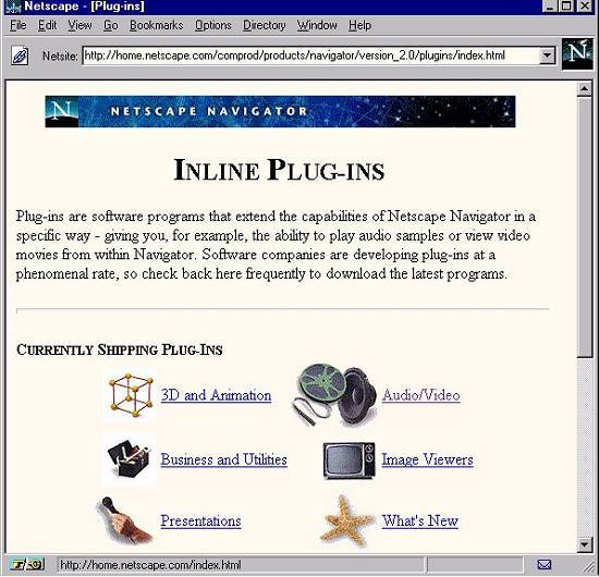 Tela do site da Netscape em 1996: j era grande a variedade de aplicativos disponveis
