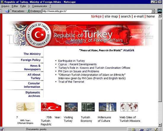 Pgina do Ministrio de Relaes Exteriores da Turquia capturada em 24/8/1999, destacando o terremoto