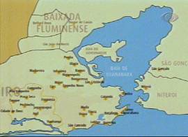 No mapa, os principais bairros do Grande Rio em 'luto' (Captura de tela: Rede Bandeirantes de Televiso, 30/9/2002, 20h03)