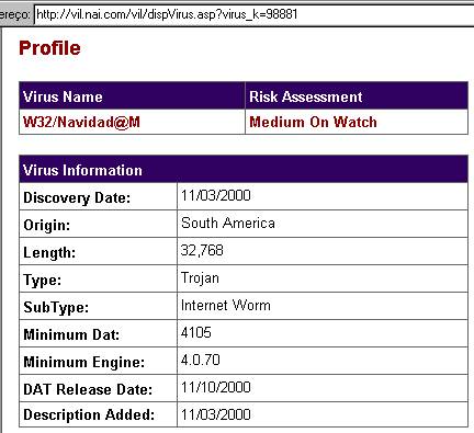 Página Web da McAfee sobre o vírus, em 20/11/2000