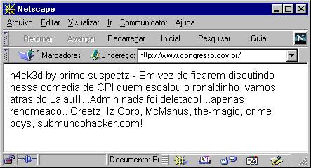 A página do Congresso, alterada por um invasor, às 11h15 de 1/12/2000