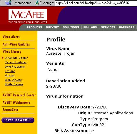 A página da Network Associates/McAfee sobre o trojan Aureate