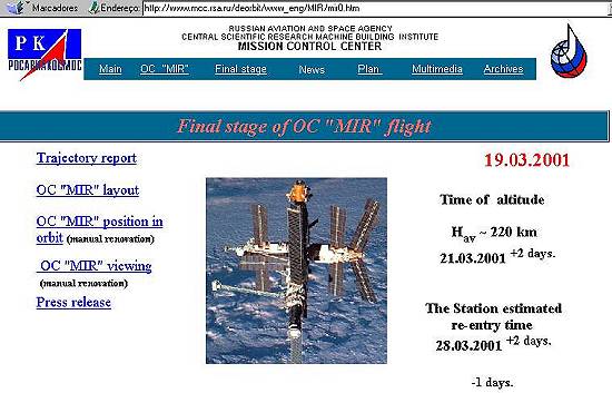 Página do centro russo de controle da missão prevê a queda da Mir no dia 28/3/2001