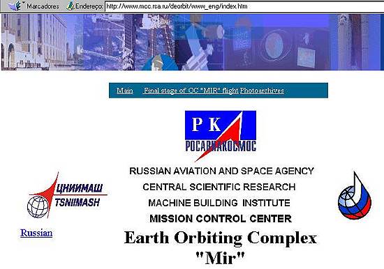 Página em inglês do centro de controle da missão espacial Mir, de Moscou
