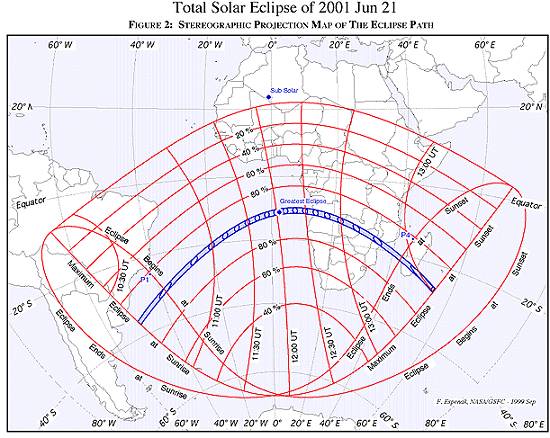 Mapa divulgado pela Nasa, com a trajetória do cone de sombra provocado pelo eclipse