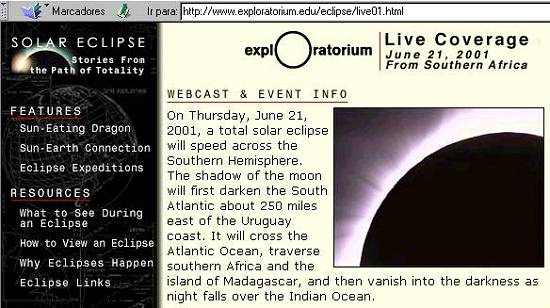 Site Exploratorium promete transmissão ao vivo pela Internet, do Sul da África