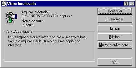 Caixa de alerta do antivírus Scan. É necessário eliminar o arquivo