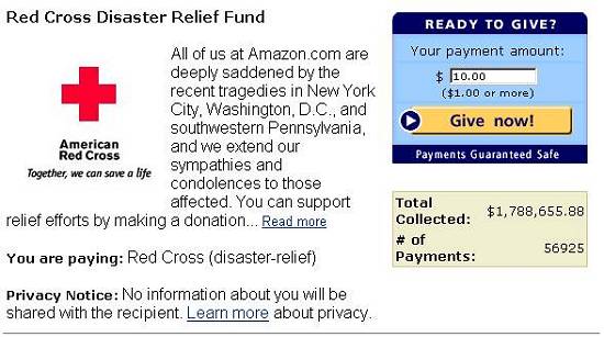Captura de tela às 2h25 de 13/9/2001 mostra o total atualizado de contribuições à Cruz Vermelha