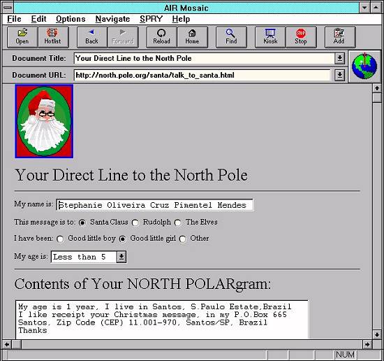 A primeira mensagem santista a Papai Noel via Internet, em 29/10/1995