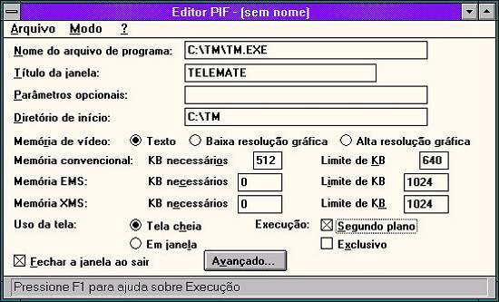 Tela do Editor PIF do Windows 3.x para execuo do Telemate