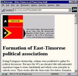 Página sobre os partidos políticos, em destaque a Fretilin, em 9/7/1996