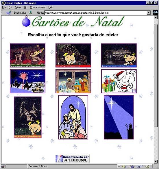 Página com opções em cartões natalinos digitais do jornal santista A Tribuna em 1997, com a personagem de quadrinhos Bigail