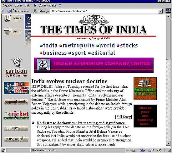 Página eletrônica do jornal 'The Times of India' de 5/8/1998