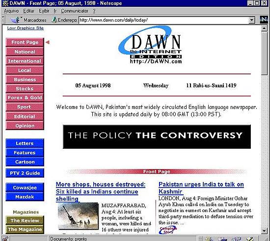 Página eletrônica do jornal paquistanês 'Dawn', de Karachi, em 5/8/1998