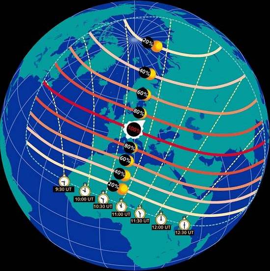 Percurso do cone de sombra do Sol projetado na terra e horários/percentuais locais de visibilidade do eclipse