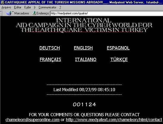 Página de um provedor de acesso à Internet em Istambul, sobre o terremoto