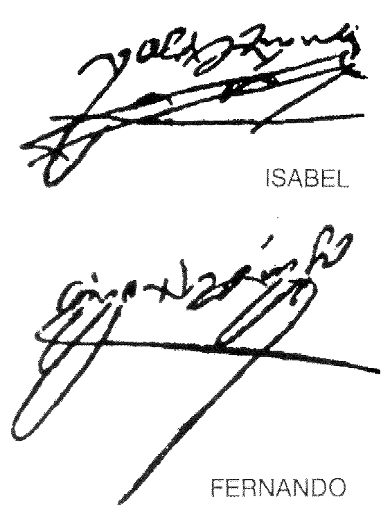 Assinaturas dos reis Fernando de Aragon e Isabel de Castela (foto: revista 'Hola!' especial, Madrid, 1992)