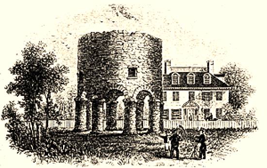 A torre de Newport em gravura publicada em 1852 por Benson J. Lossing e William Barritt, em 'The Pictorial Field-book of The Revolution'
