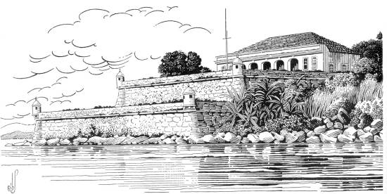 Fortaleza da Barra Grande de Santos, em bico-de-pena de Ribs