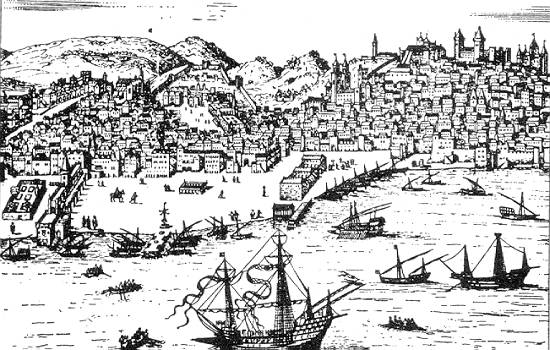 Lisboa no século XVI: a doca de Alcântara, o porto fechado e ao fundo o porto de Santos, de onde aliás partiram Cabral e Martim Afonso